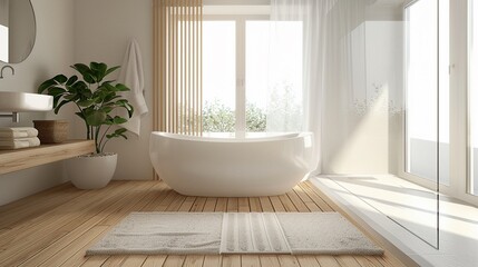 Bright, minimal bathroom, cozy rugs on the floor for a touch of warmth