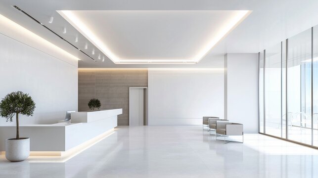 Bright, modern office lobby, reception area minimal yet welcoming, clarity in design