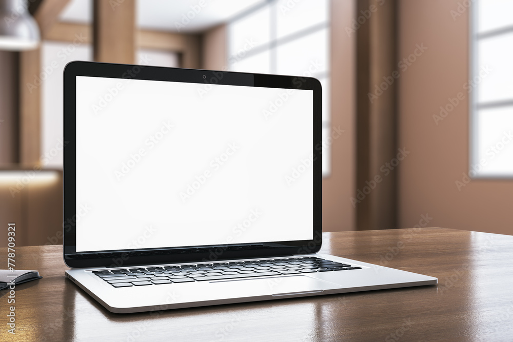 Aufkleber Close up of creative designer desktop with empty white laptop and blurry office in the background. Mock up, 3D Rendering.