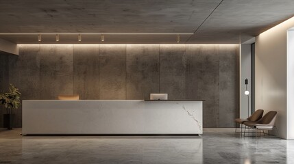 Minimal and modern office lobby, clean lines defining the reception area, simplicity shines