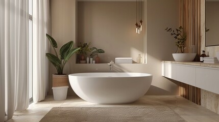 Fototapeta na wymiar Minimal elegance and cozy warmth blend seamlessly in this bathroom retreat