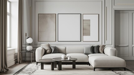 Minimal living room, 3Drendered, frame mockups on stark, elegant walls