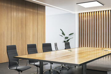 Modern wooden meeting room interior with furniture. 3D Rendering.
