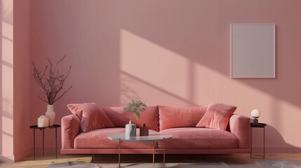 Minimal living room setup, with a plain wall mockup, essence of modern style