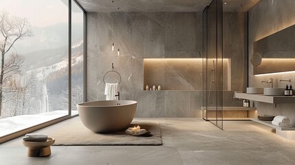 Minimalist bathroom with cozy textures, simplicity in harmony with comfort - obrazy, fototapety, plakaty