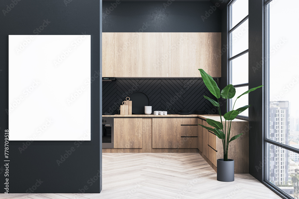 Poster modern black and wooden kitchen interior design with window and empty mock up banner on wall. 3d ren