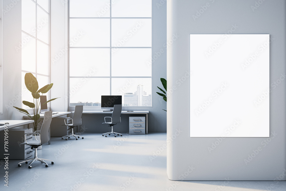 Poster modern spacious light coworking office interior with empty mock up banner on wall, panoramic windows