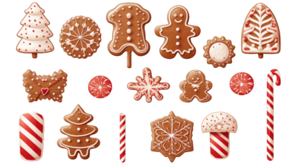 Gingerbread candy cane sweet cookie biscuit on transparent background. Many assorted different design 