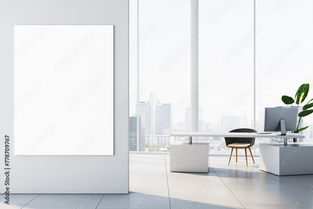 Poster modern white concrete office interior with empty mock up banner on wall, panoramic windows and city 