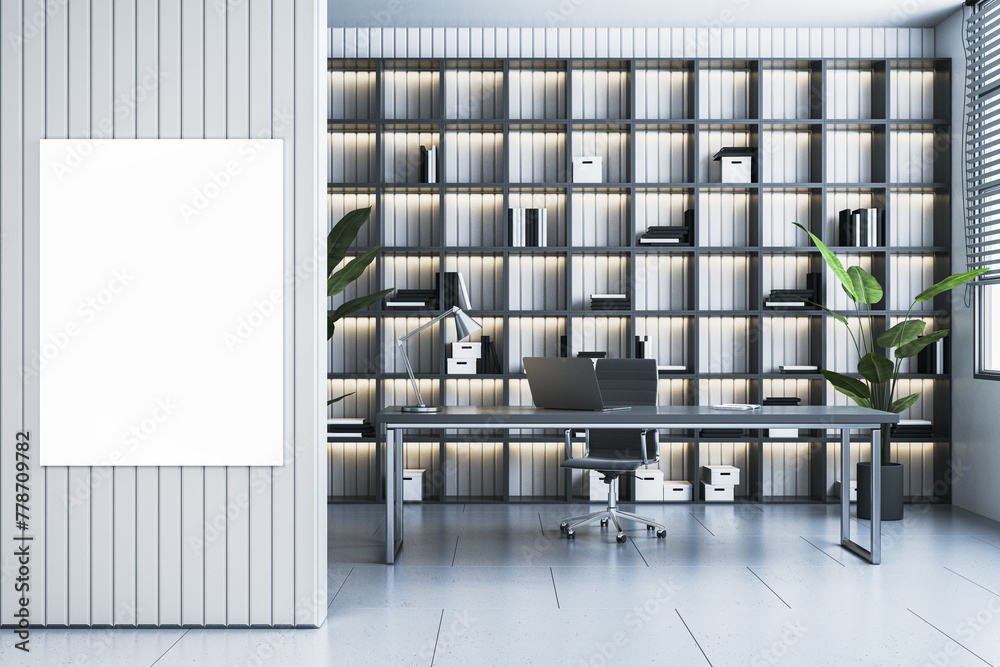 Poster modern office with shelves or library interior with workplace and mock up banner on wall. 3d renderi