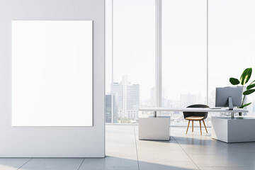Modern white concrete office interior with empty mock up banner on wall, panoramic windows and city view. Workplace concept. 3D Rendering.