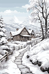 Winter village scene coloring page