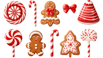 Gingerbread candy cane sweet cookie biscuit on transparent background. Many assorted different design 