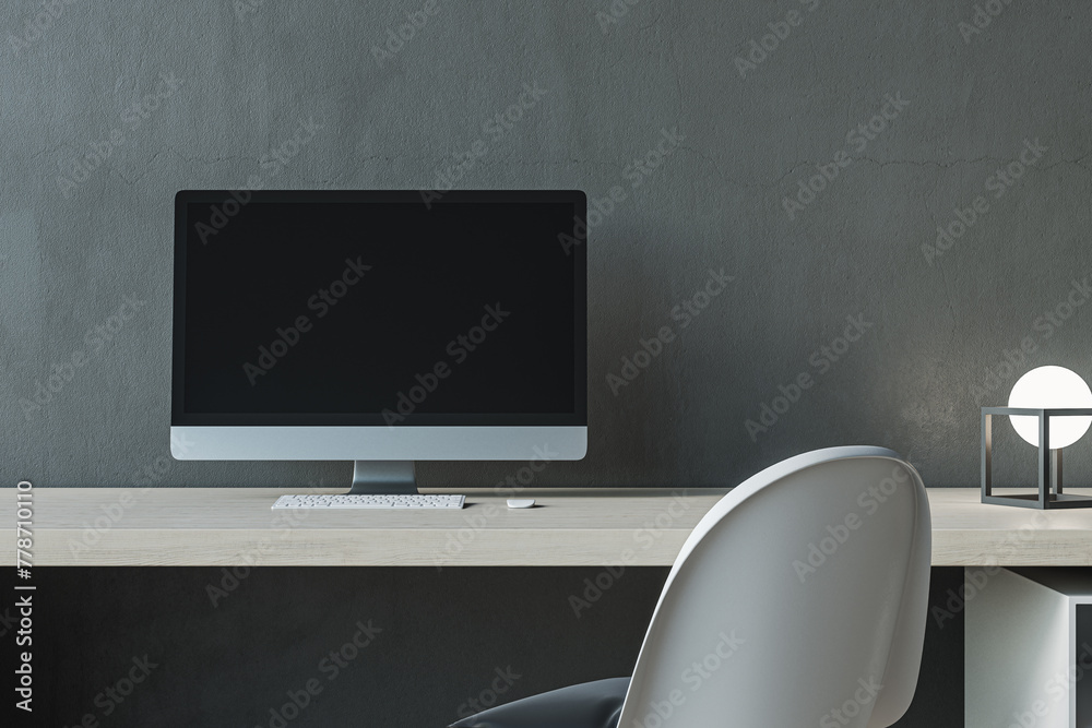 Poster close up of contemporary mock up computer screen at modern designer office workplace in interior. co