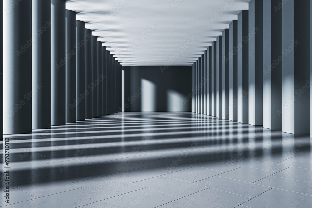 Poster modern interior corridor with tall columns, shadow patterns on the floor, on a clean background, con