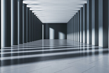 Modern interior corridor with tall columns, shadow patterns on the floor, on a clean background,...