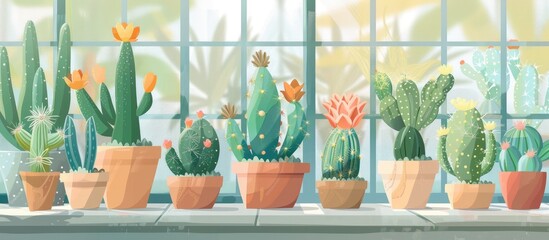 A row of houseplants, cactus plants, sit in flowerpots on a window sill. The green terrestrial plants add a touch of nature to the indoor landscape - obrazy, fototapety, plakaty