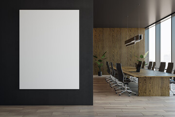 Contemporary wooden and concrete meeting room interior with empty white mock up banner, furniture and panoramic window with city view. 3D Rendering.