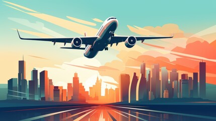 Plane flying through a city skyline with buildings and vector illustration Vacation travel concept