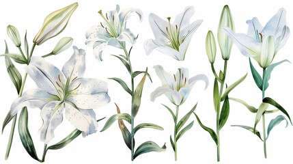 Watercolor lily clipart with elegant white petals and green stems. - obrazy, fototapety, plakaty