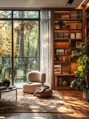 A peaceful reading corner with a chic armchair and floor-to-ceiling windows offering a stunning forest view in autumn..
