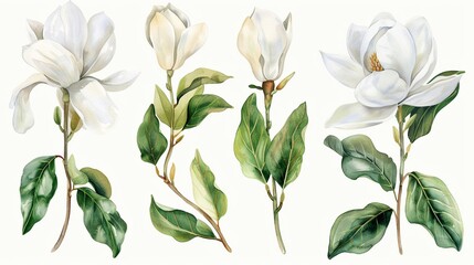 Watercolor magnolia clipart with large white petals and green leaves.