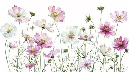 Obraz na płótnie Canvas Watercolor cosmos clipart with delicate pink and white flowers.