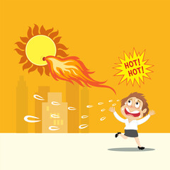 Hand drawn woman run away from extreme heat on a hot day. Angry sun Stock, Unhealthy heat, Heat Wave concept. Flat, Poster, Vector, Illustration, Cartoon, EPS10.   