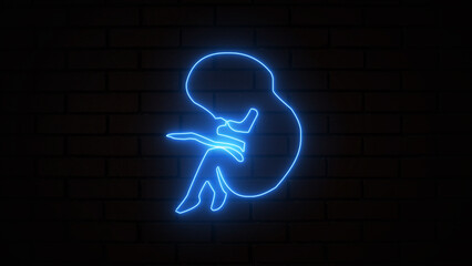 Glowing blue neon prenatal human child with placenta silhouette isolated on brick wall. Human foetus