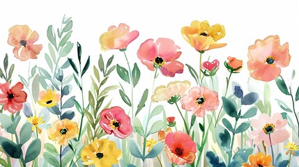 Fototapeta premium Watercolor wildflower clipart featuring a mix of colorful blooms and greenery.