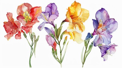 Watercolor freesia clipart with fragrant blooms in various colors. - obrazy, fototapety, plakaty
