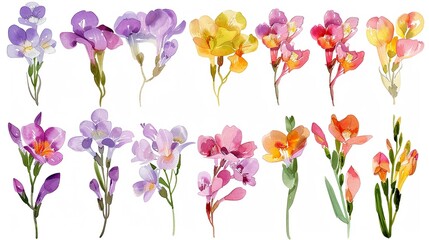 Watercolor freesia clipart with fragrant blooms in various colors. - obrazy, fototapety, plakaty