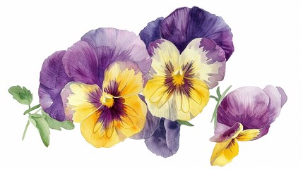 Watercolor pansy clipart in shades of purple, yellow, and white.