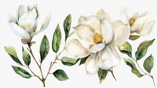 Watercolor magnolia clipart with large white petals and green leaves.