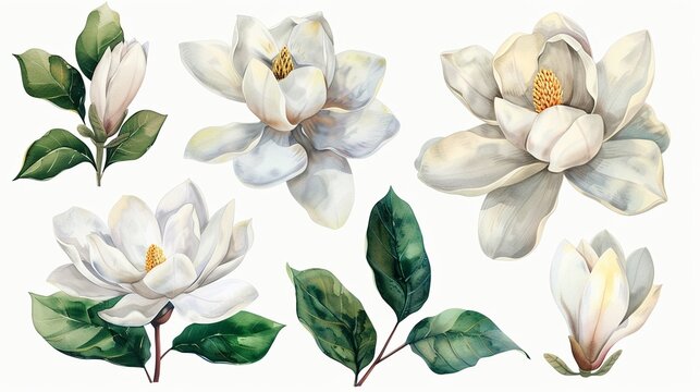 Watercolor magnolia clipart with large white petals and green leaves.