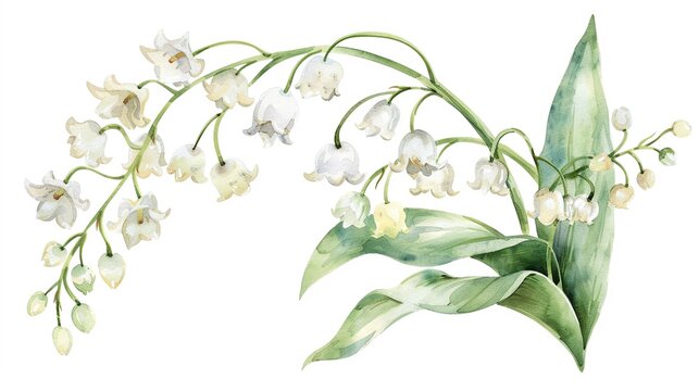 Watercolor lily of the valley clipart with small white bell-shaped flowers.