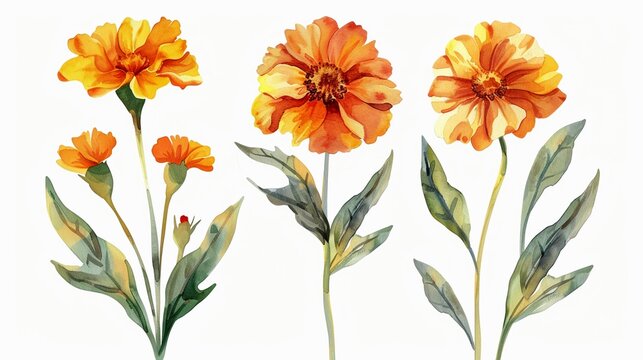 Watercolor marigold clipart with orange and yellow blooms.