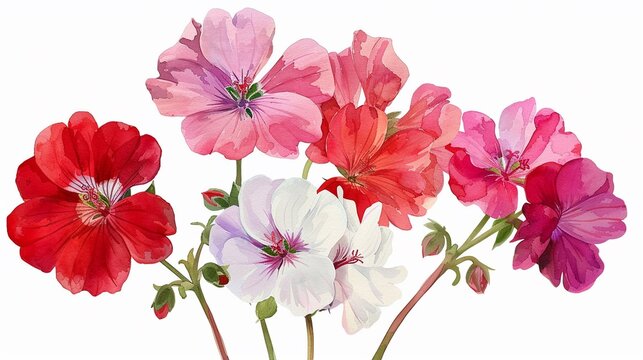Watercolor geranium clipart with clusters of red, pink, and white blooms.