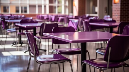 Fototapeta na wymiar Purple chairs on the tables in restaurant classroom dining View of an empty space