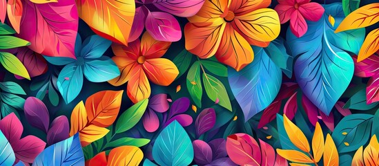 Vibrant magenta and electric blue flowers and leaves create a stunning pattern against a dark background in this creative arts painting - obrazy, fototapety, plakaty