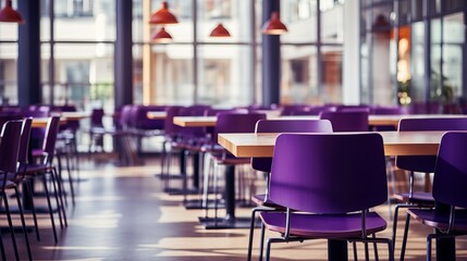 Fototapeta na wymiar Purple chairs on the tables in restaurant classroom dining View of an empty space