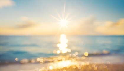 beautiful blur defocused blue sea background with sun rays and bokeh landscape of tropical summer...