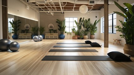 Spacious and stylish boutique fitness studio with exercise mats, stability balls, and lush green plants