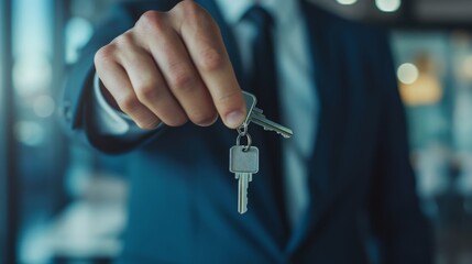 Close-up of a businessperson's hand offering a set of keys, symbolizing responsibility and trust