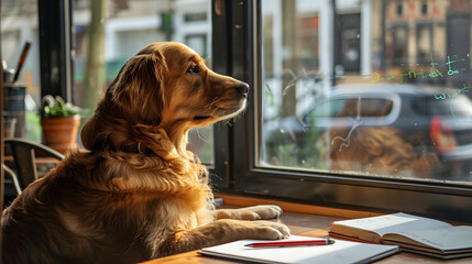 golden retriever is seated at a table in a library