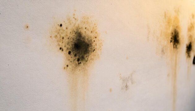 black spots of toxic mold and fungus bacteria growing on a white wall