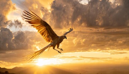 phoenix with golden feathers soaring against a background of a fiery sunrise and cascading clouds