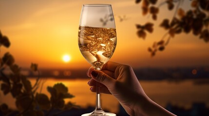 Hand holding glass of sparkling wine in the beauty of evening Enjoying a glass of wine - obrazy, fototapety, plakaty