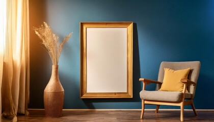 poster mockup with wooden frame in home interior on blue wall background