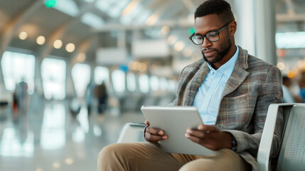 Focused businessman reviews financial documents on his tablet while waiting in an airport terminal